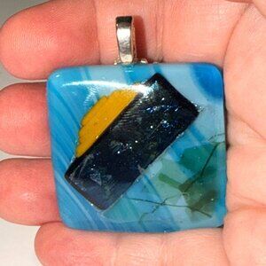 Handmade Fused Glass Art Pendant Abstract Blue Yellow Dichroic Necklace Jewelry